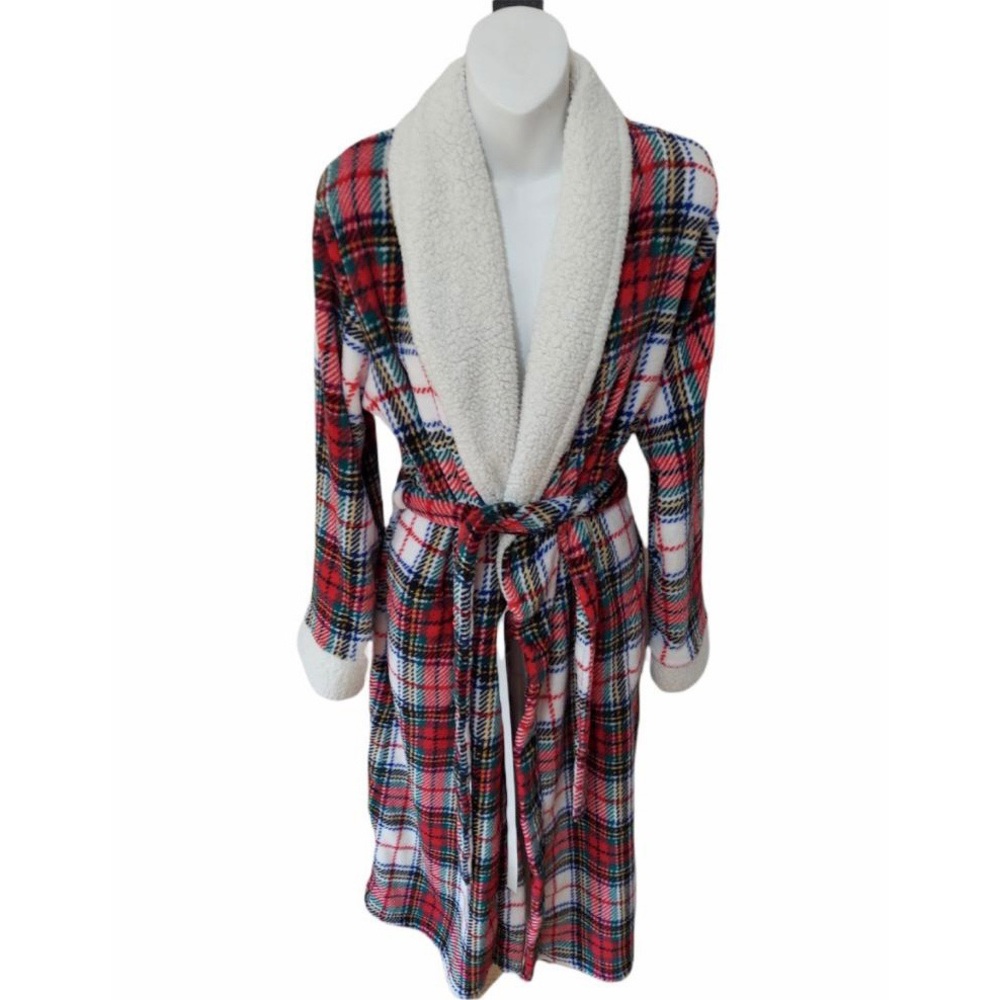 Liz Claiborne Red Plaid Thick Plush Faux Fur House Kimono Bath Robe Size Large